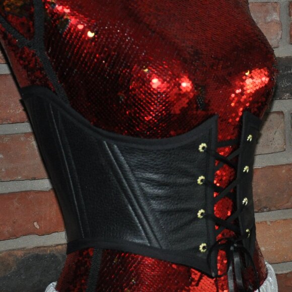 Back & Front Lace-up Corset (Belt) Black Faux Leather W/ Boning XS - Picture 1 of 7